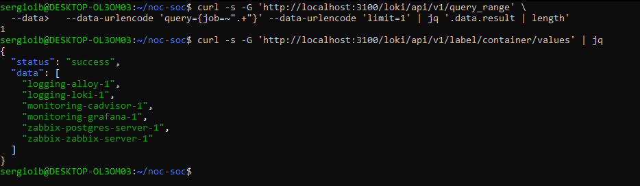 Verificación final: Loki con los 6 contenedores y length=1, tras reinicializar el volumen
