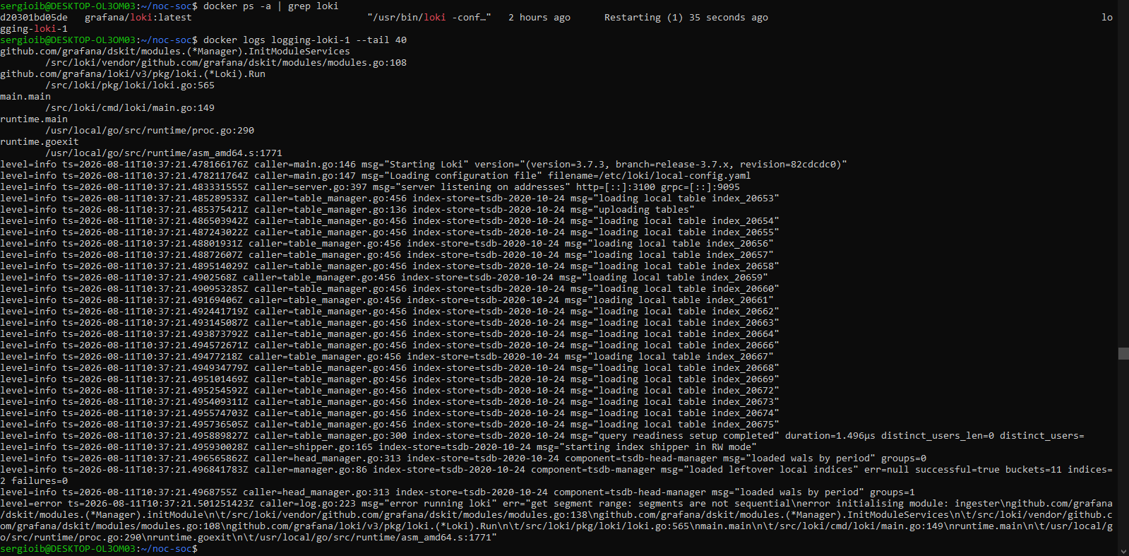 Log de Loki con "get segment range: segments are not sequential" tras la restauración