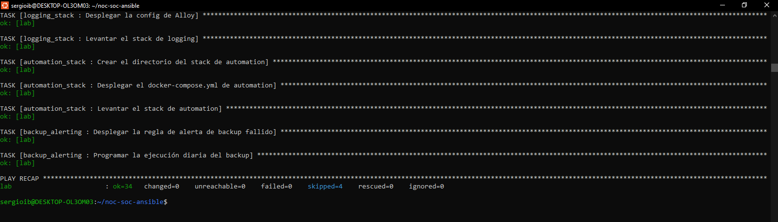 Recap de la ejecución completa: ok=34, changed=0, failed=0