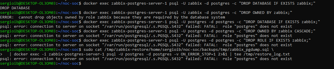 Error "role zabbix already exists" al aplicar el dump con ON_ERROR_STOP=1