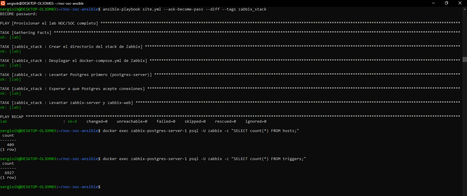 zabbix_stack aplicado: 409 hosts y 6927 triggers verificados