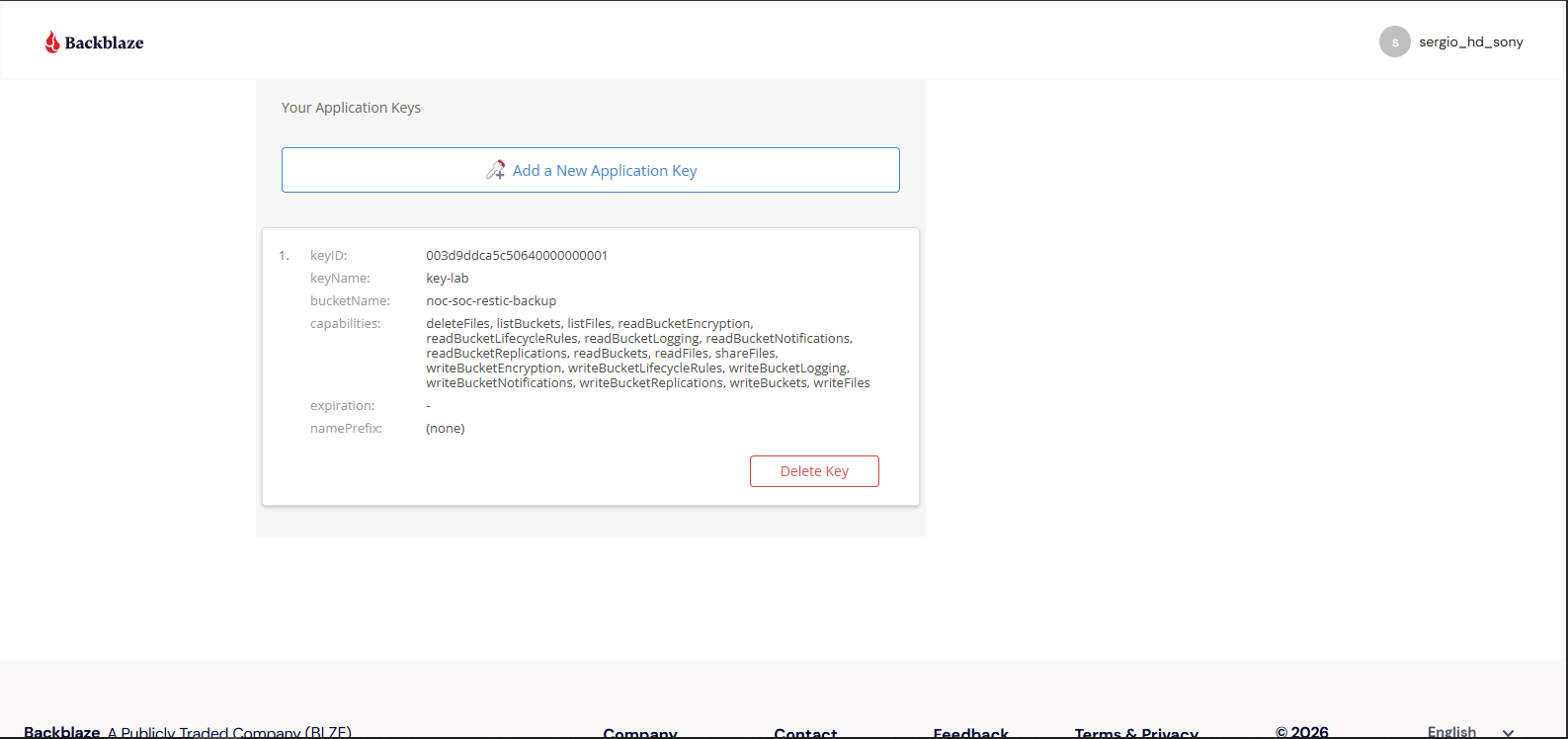 application key creada, restringida al bucket
