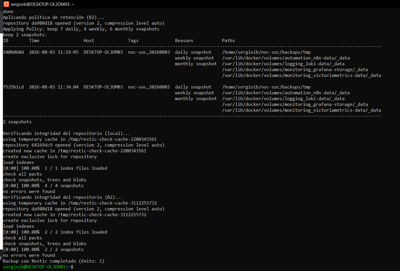 prune del repositorio local y verificación de integridad en ambos