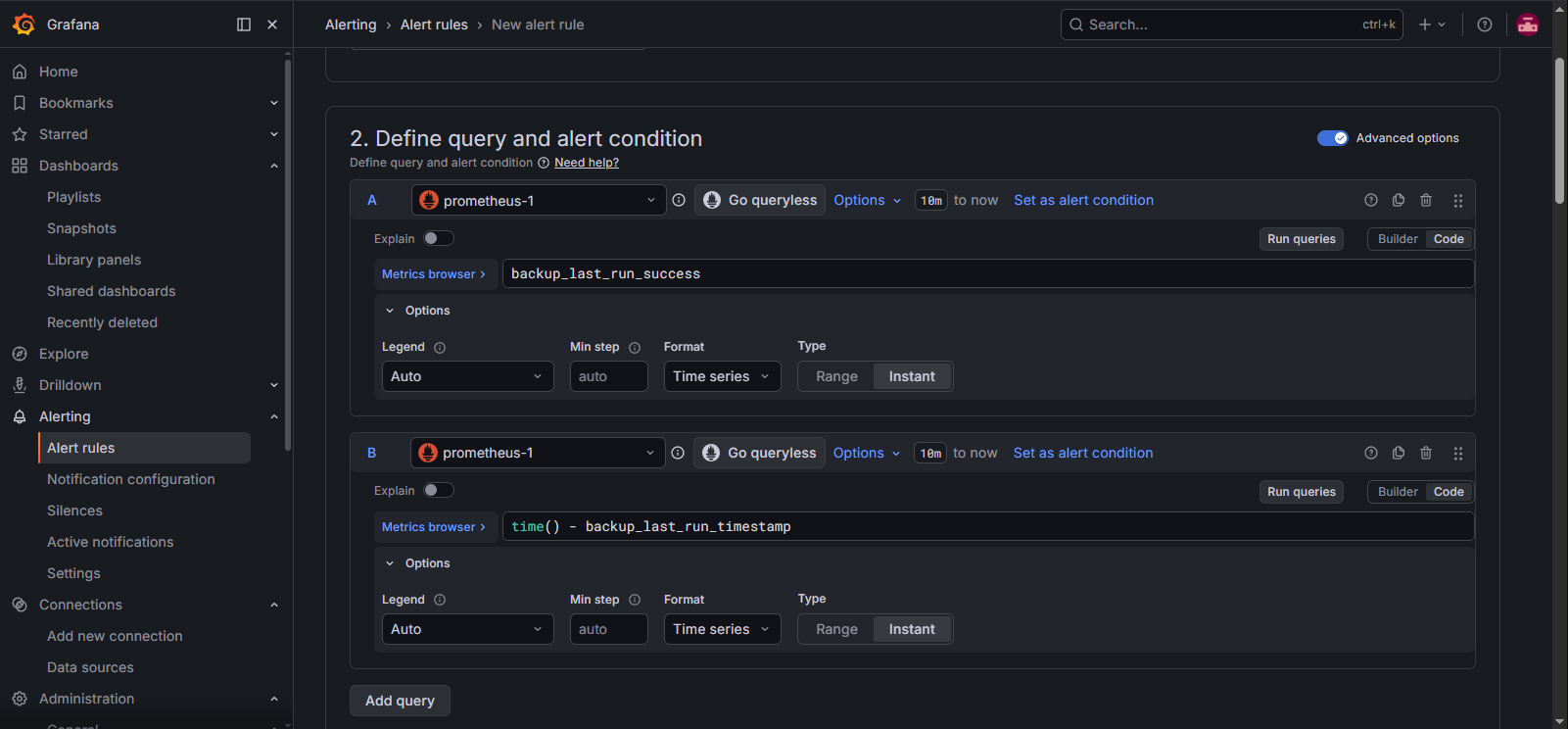 queries A y B configuradas