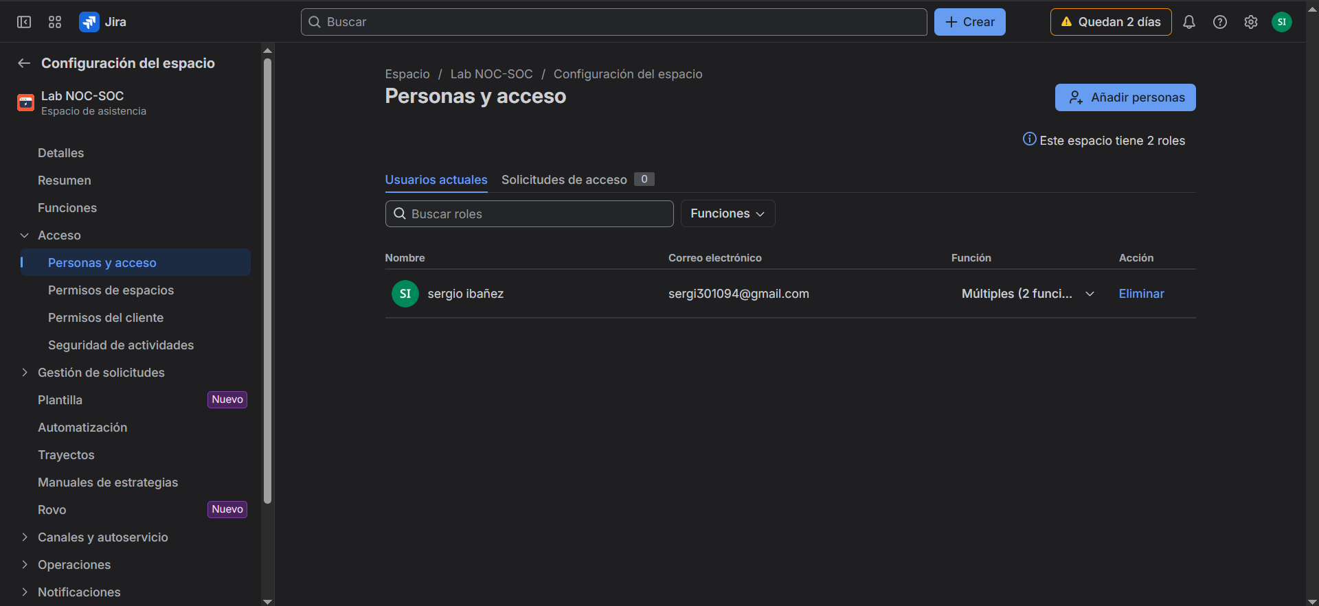 comprobación de roles del usuario en Jira