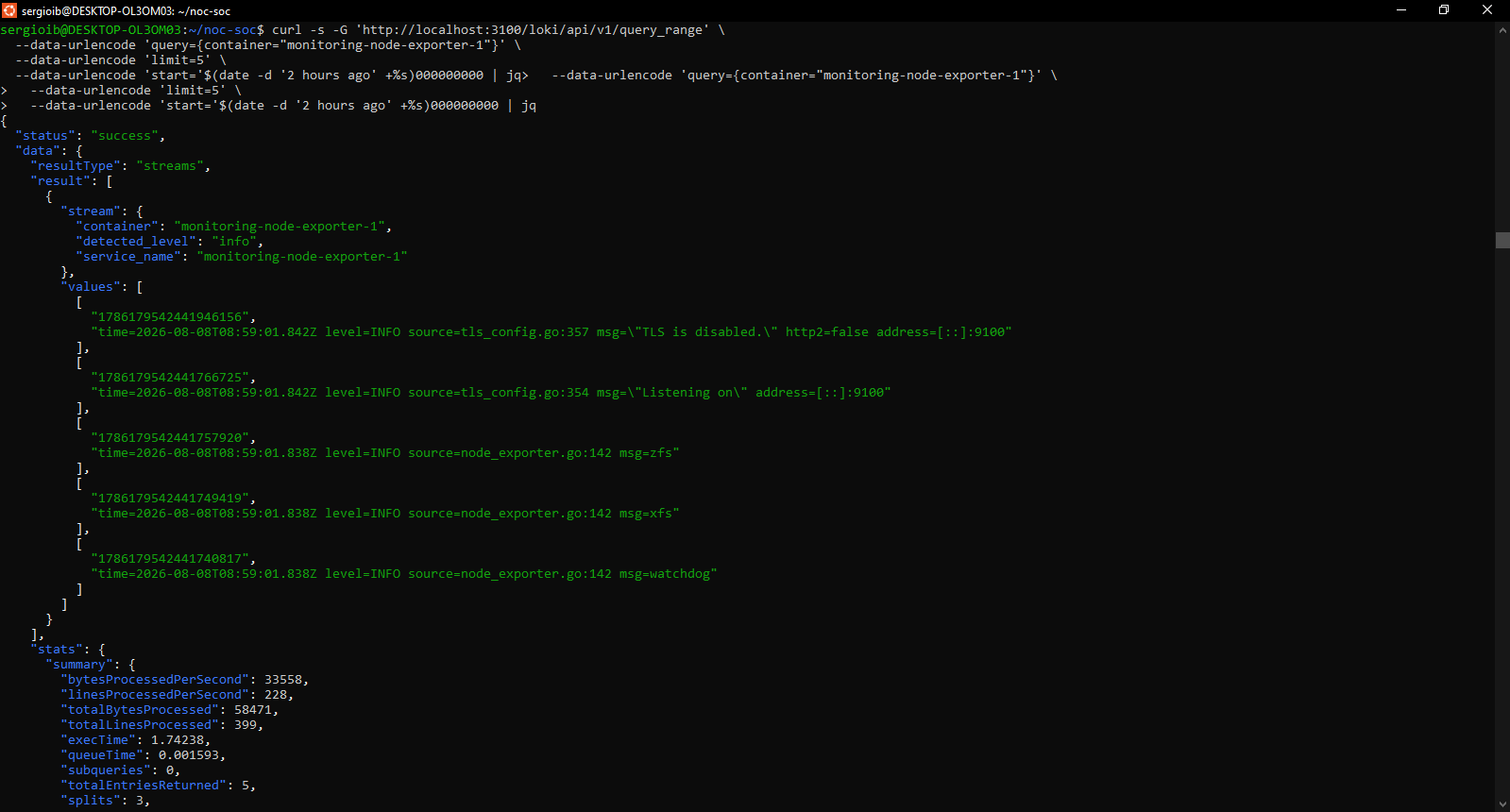 logs de node-exporter presentes pese a no aparecer en label/container/values