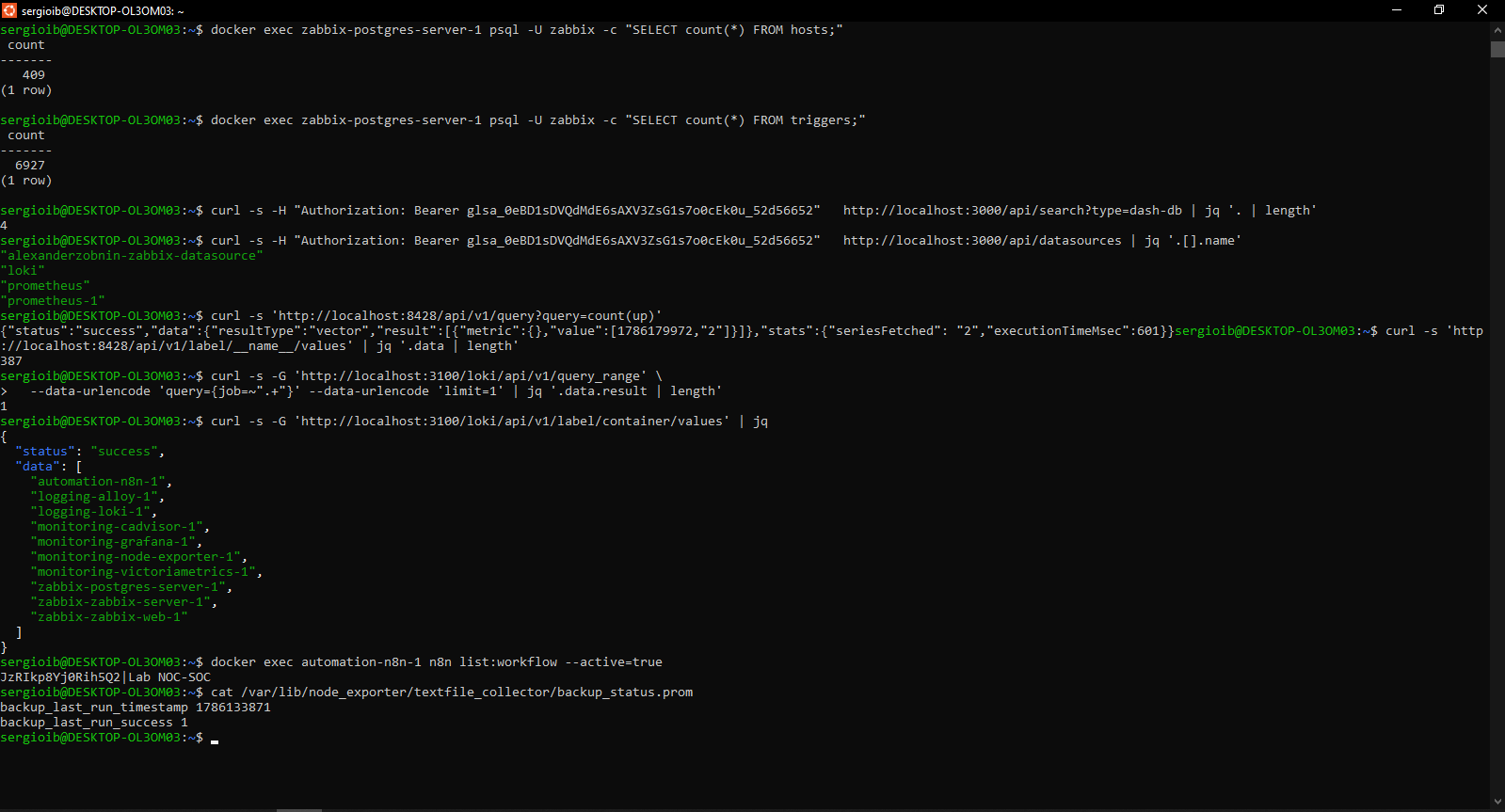 baseline de Zabbix, Grafana, VictoriaMetrics, Loki y n8n