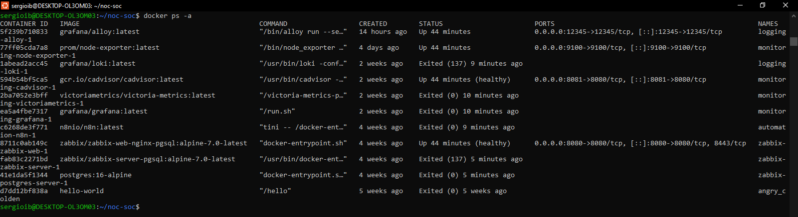 estado del stack tras la destrucción, todo Exited salvo lo que no tiene estado propio
