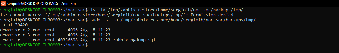 dump de Zabbix restaurado a la carpeta temporal